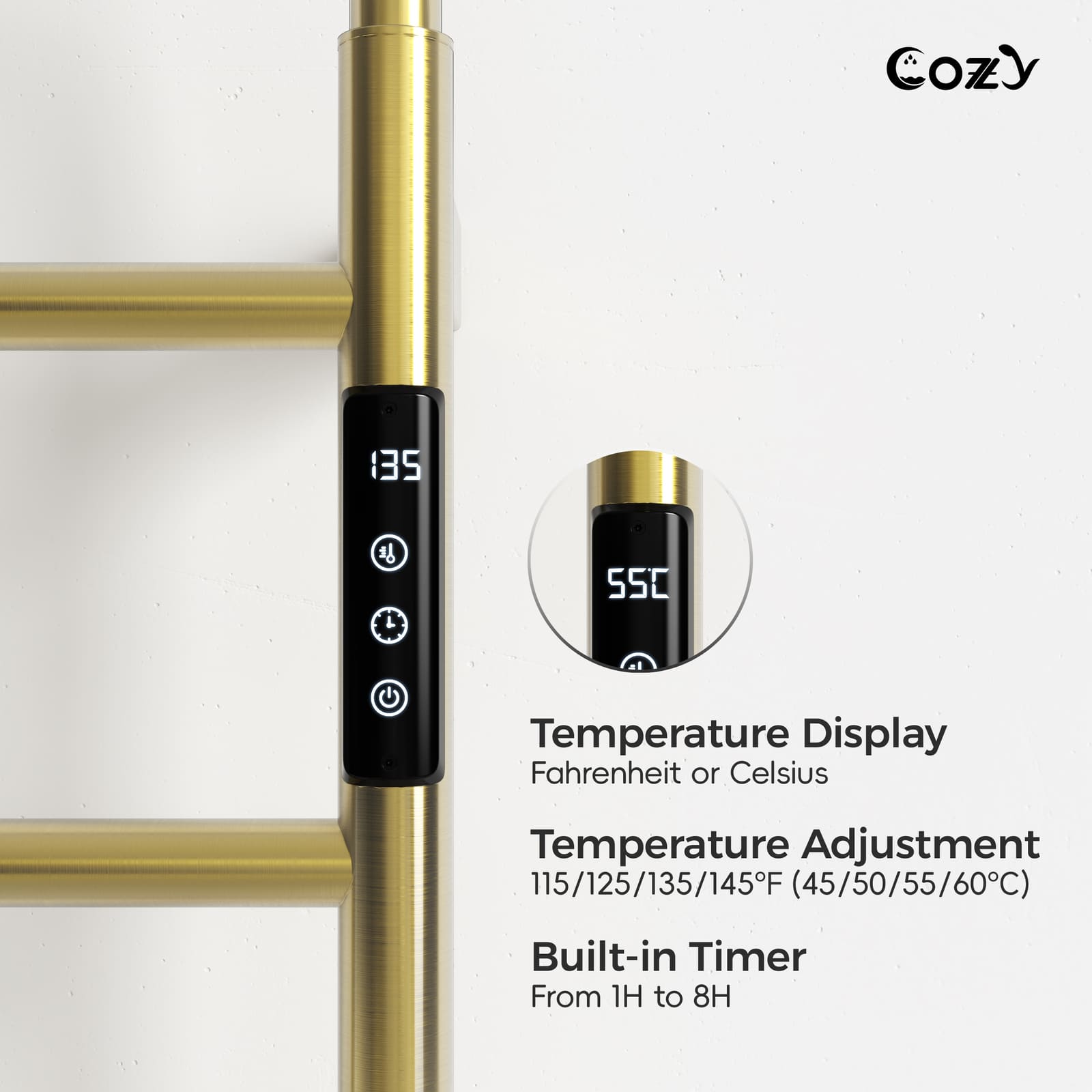 Cozy EB01 electric heated towel rack with smart LCD touchscreen controller in brushed gold.