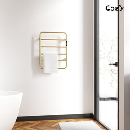Cozy EB01 electric heated towel rack in brushed gold style for modern bathroom decor.
