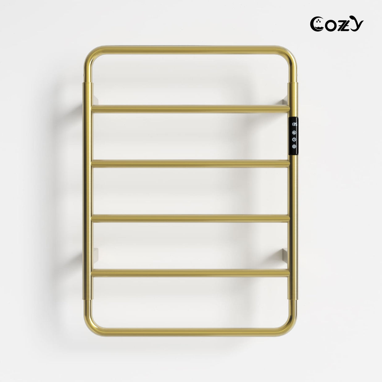 Cozy EB01 electric heated towel rack with smart controller in brushed gold finish.