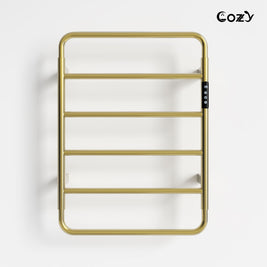 Cozy EB01 electric heated towel rack with smart controller in brushed gold finish.