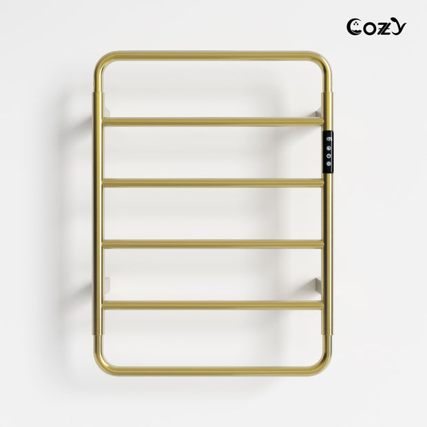 Cozy EB01 electric heated towel rack with smart controller in brushed gold finish.