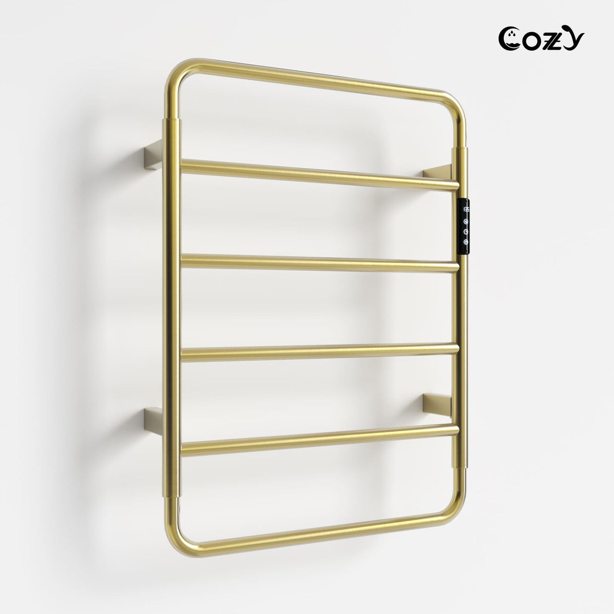 Cozy EB01 electric heated towel rack in brushed gold finish side view.