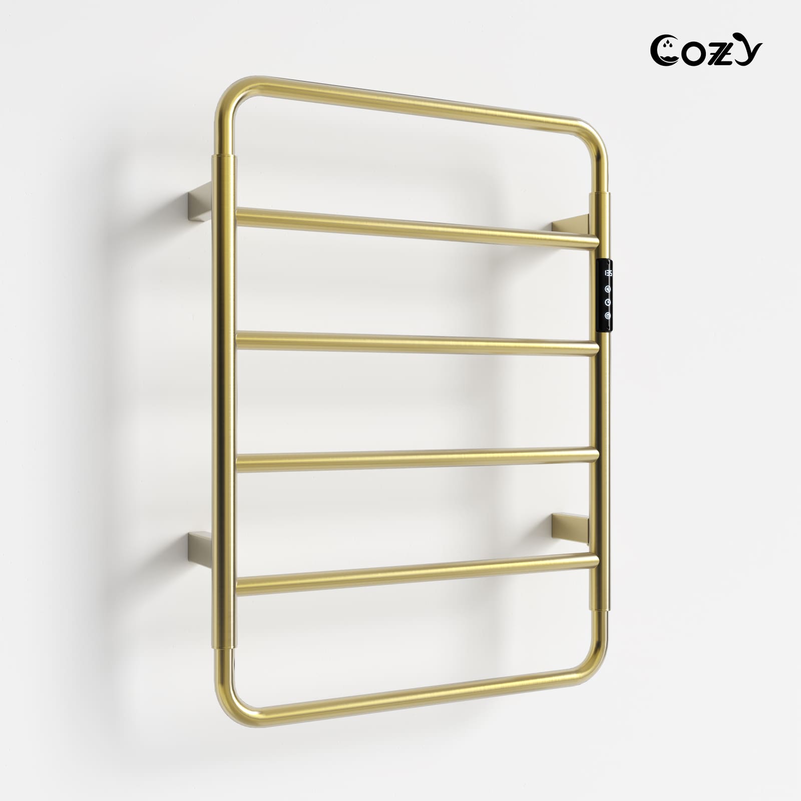 Cozy EB01 electric heated towel rack in brushed gold finish side view.