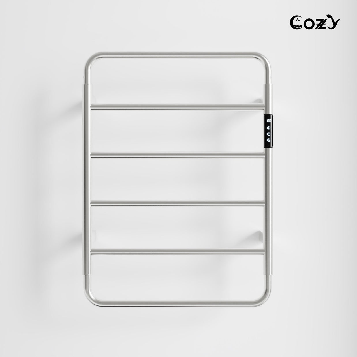 Cozy EB01 electric heated towel rack with smart controller in brushed nickel finish.