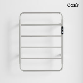 Cozy EB01 electric heated towel rack with smart controller in brushed nickel finish.