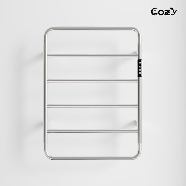 Cozy EB01 electric heated towel rack with smart controller in brushed nickel finish.