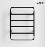 Cozy EB01 electric heated towel rack with smart controller in matte black finish.