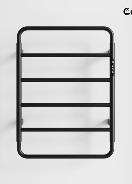 Cozy EB01 electric heated towel rack with smart controller in matte black finish.