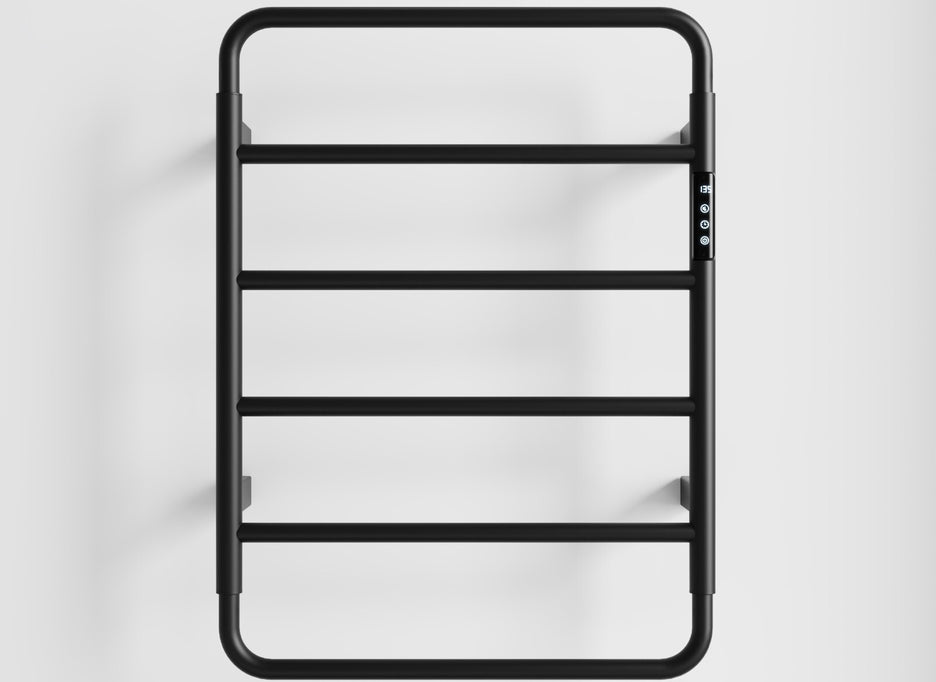 Cozy EB01 electric heated towel rack with smart controller in matte black finish.