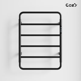 Cozy EB01 electric heated towel rack with smart controller in matte black finish.