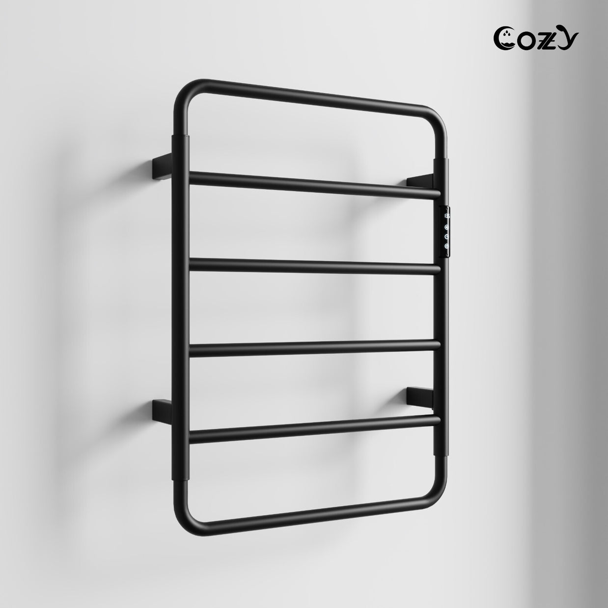 Cozy EB01 electric heated towel rack in matte black finish side view.