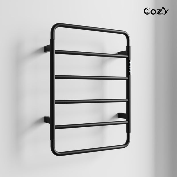 Cozy EB01 electric heated towel rack in matte black finish side view.