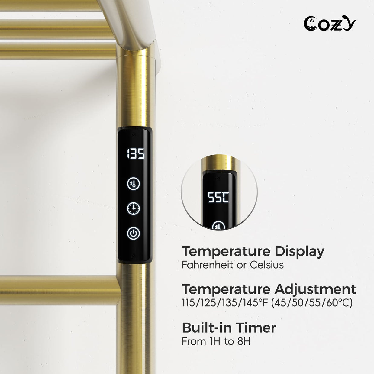 Cozy EB02 electric heated towel rack with smart LCD touchscreen controller in brushed gold.