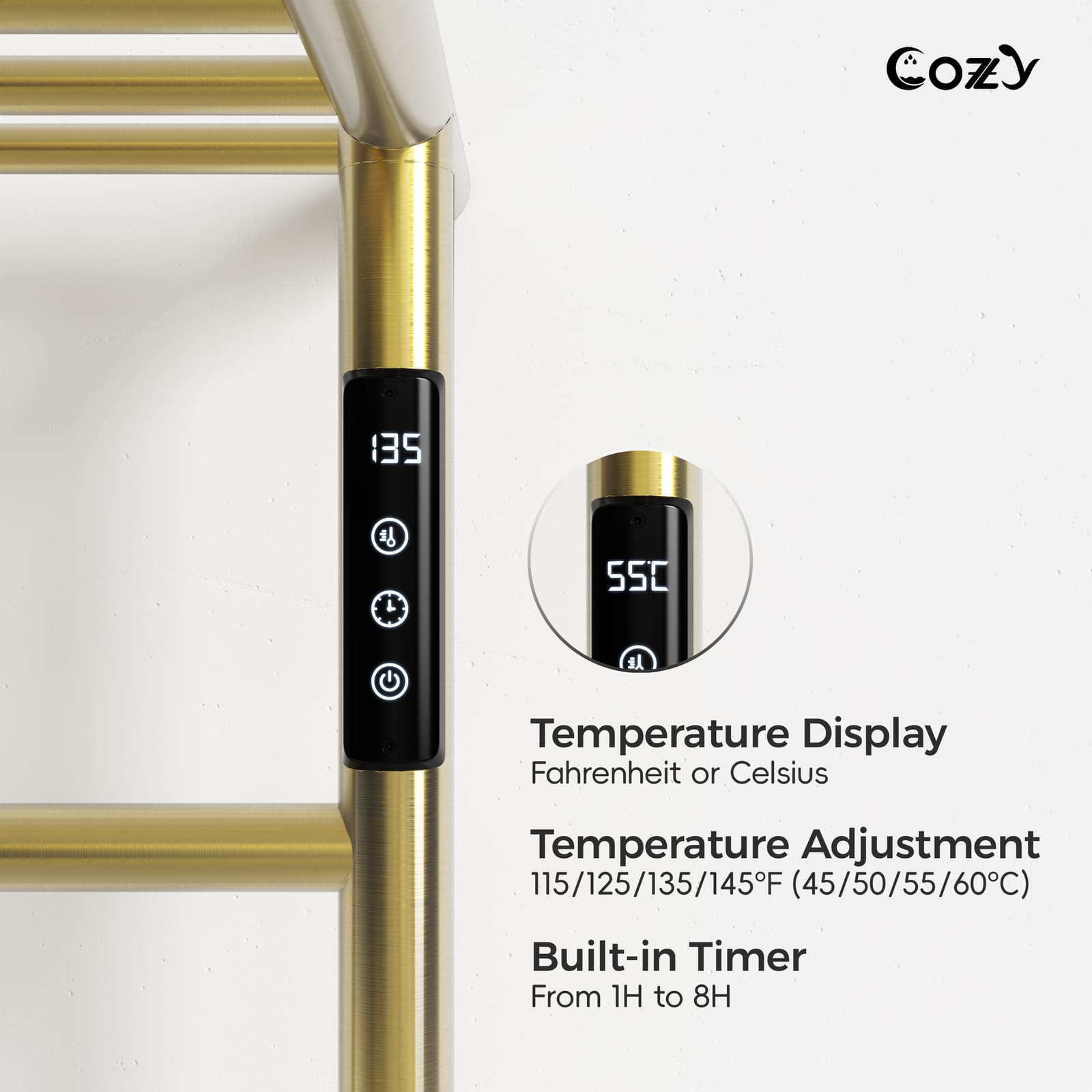 Cozy EB02 electric heated towel rack with smart LCD touchscreen controller in brushed gold.