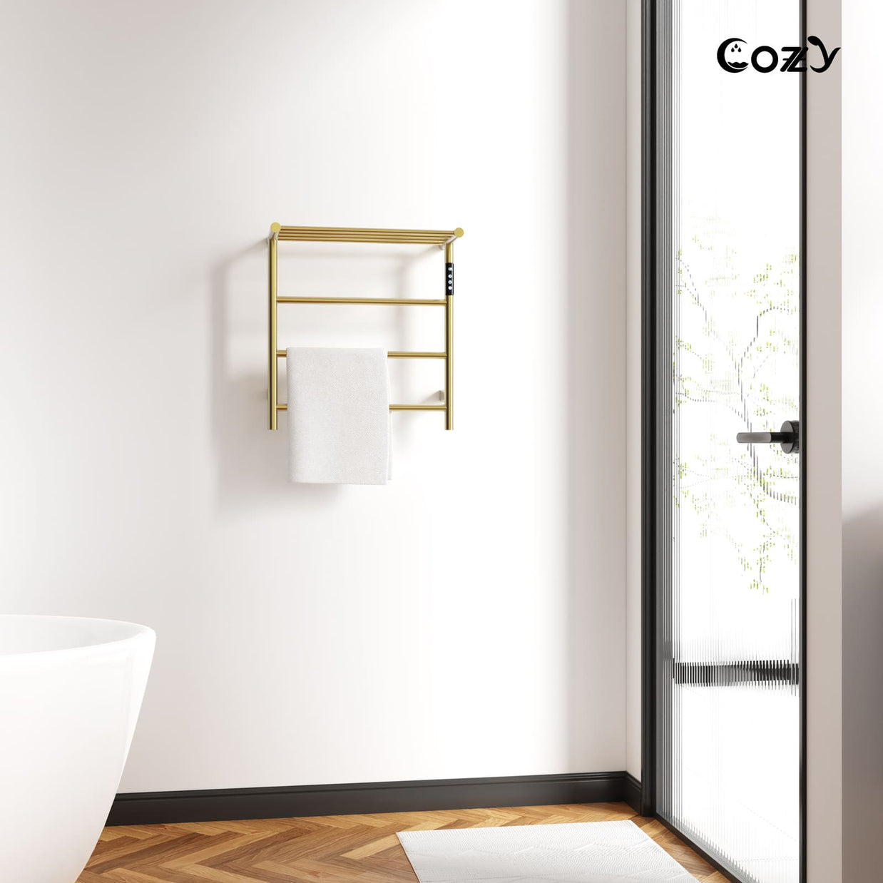 Cozy EB02 electric heated towel rack with shelf in brushed gold style for bathroom decor.