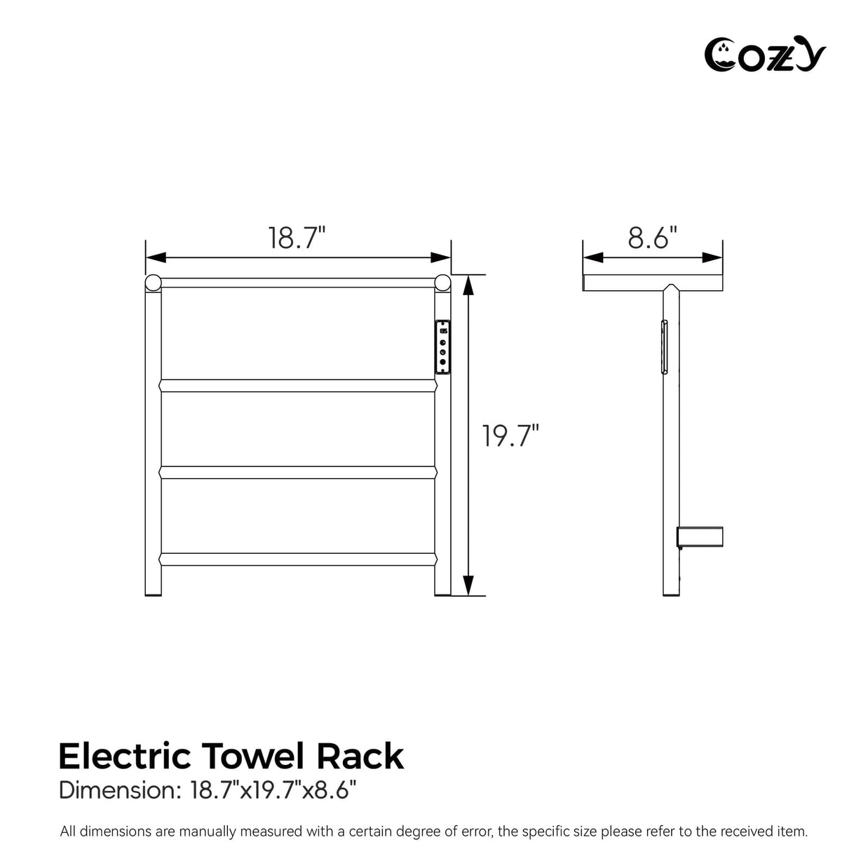 Cozy EB02 electric heated towel rack with shelf in brushed gold dimensions chart.