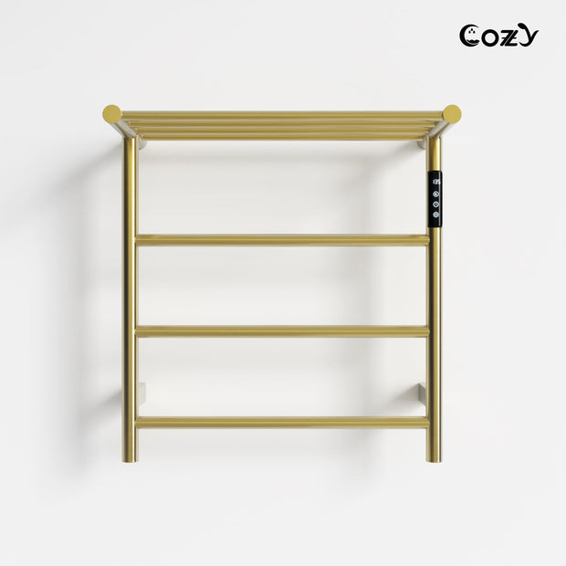 Cozy EB02 electric heated towel rack with shelf in brushed gold finish.