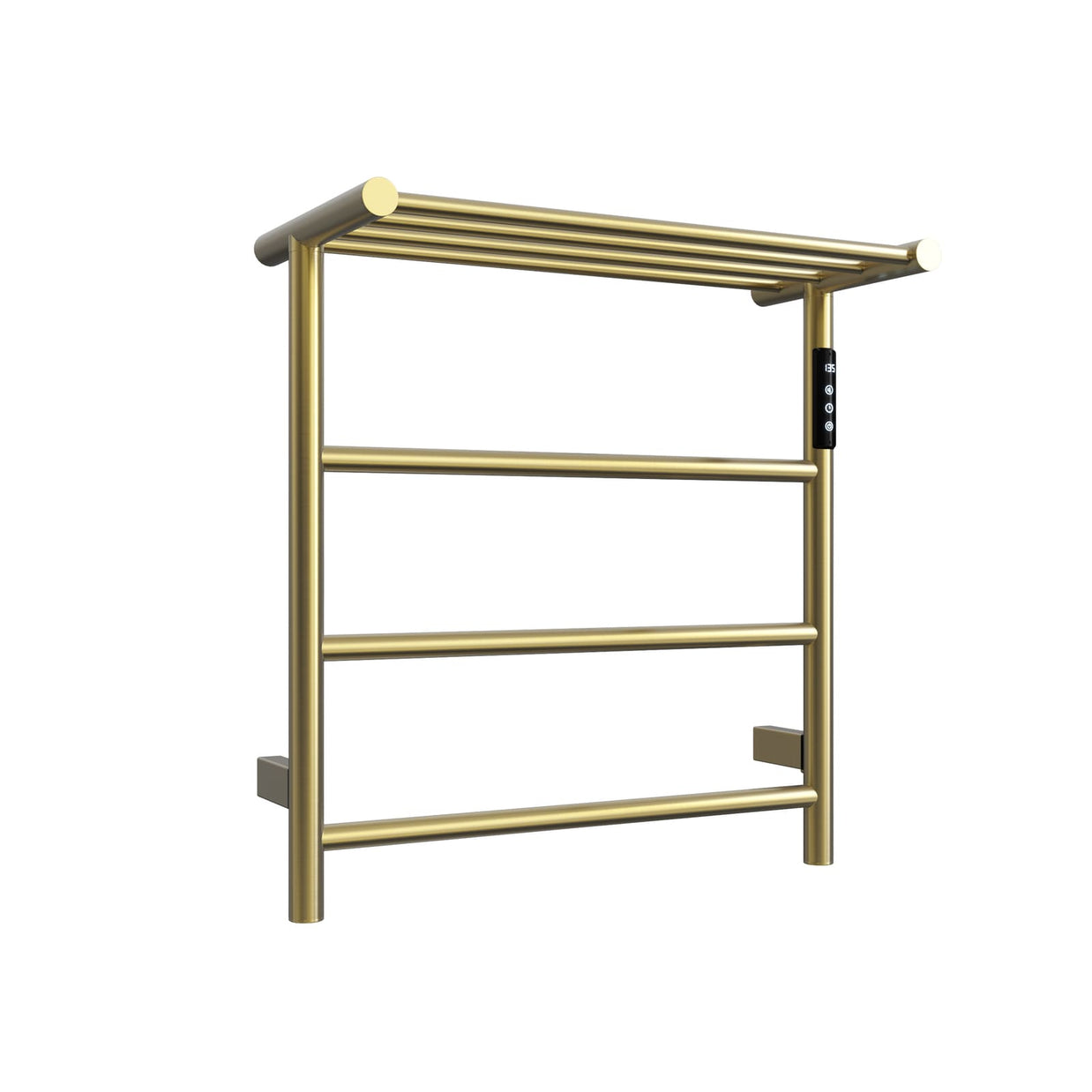 Cozy EB02 electric heated towel rack with shelf in brushed gold perspective view.