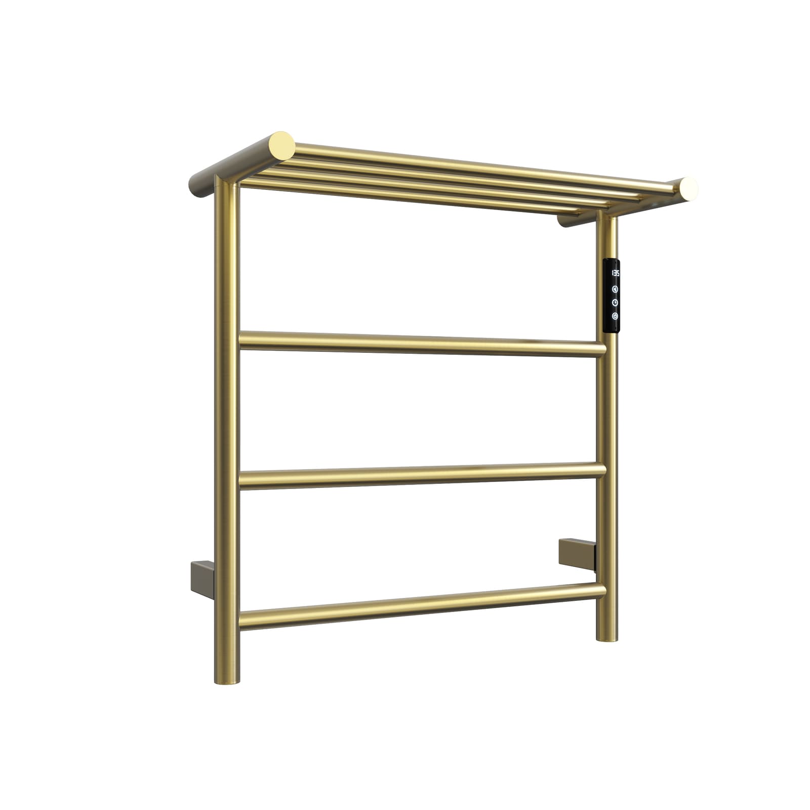 Cozy EB02 electric heated towel rack with shelf in brushed gold perspective view.