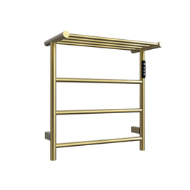 Cozy EB02 electric heated towel rack with shelf in brushed gold perspective view.