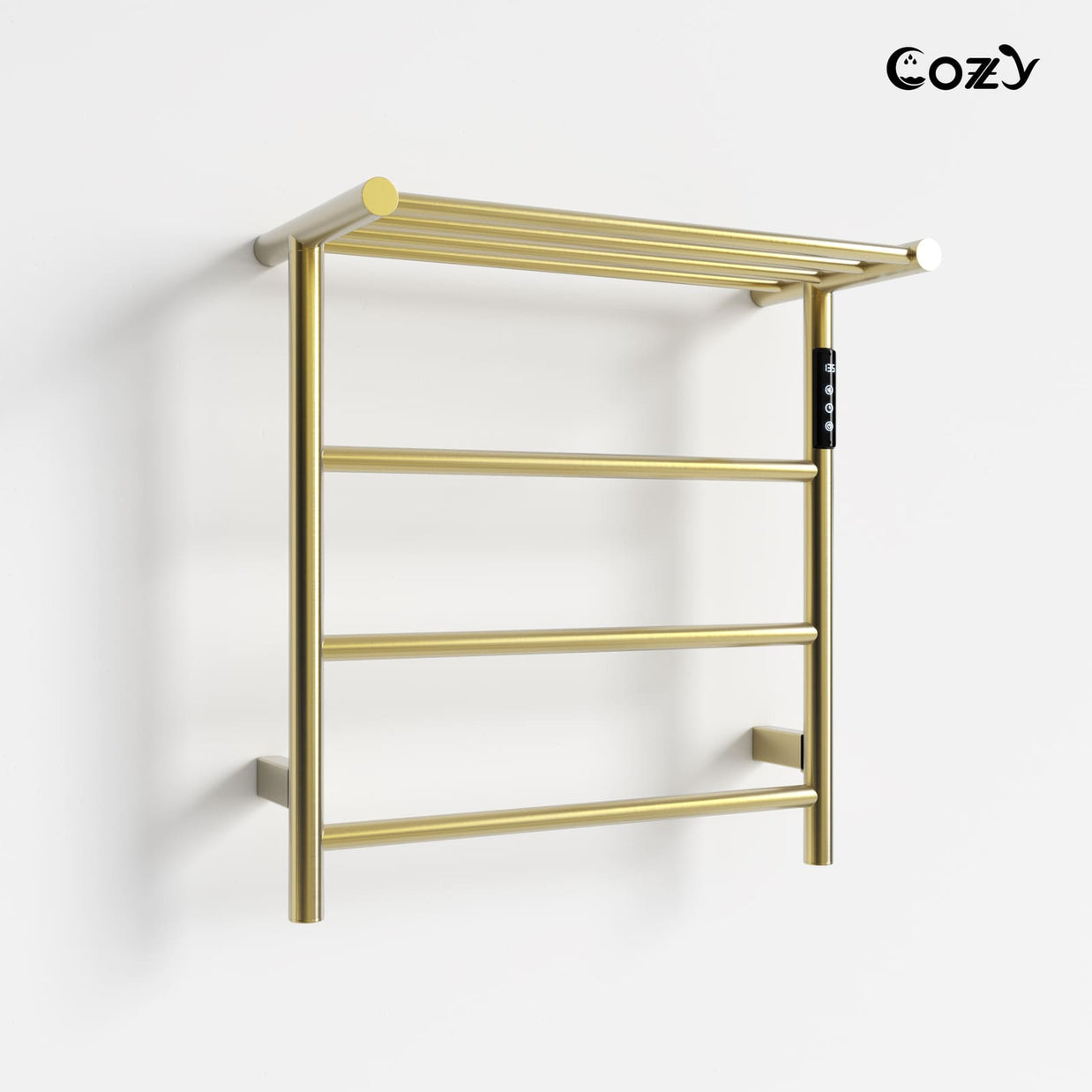 Cozy EB02 electric heated towel rack with shelf in brushed gold finish side view.