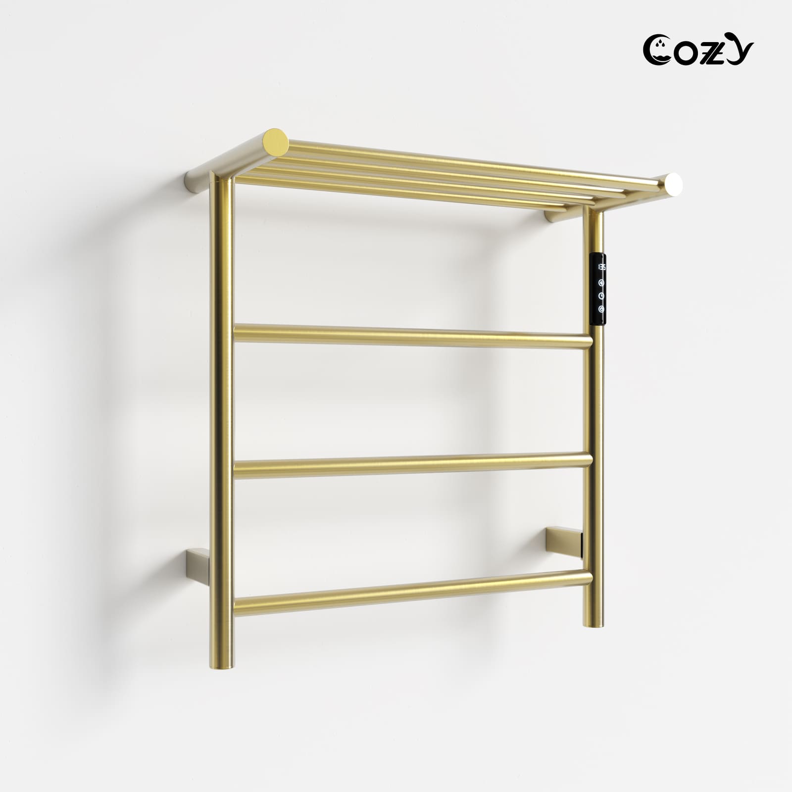Cozy EB02 electric heated towel rack with shelf in brushed gold finish side view.