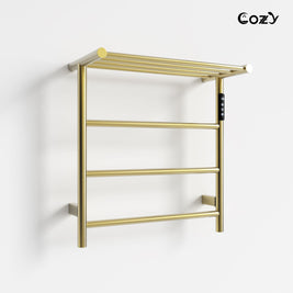 Cozy EB02 electric heated towel rack with shelf in brushed gold finish side view.