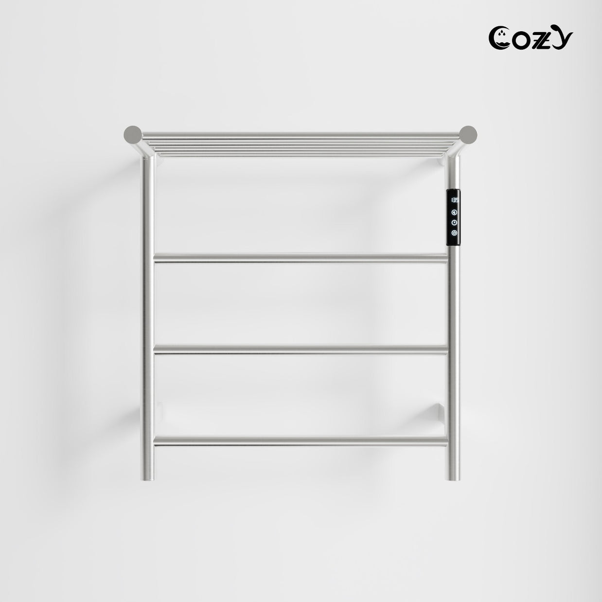 Cozy EB02 electric heated towel rack with shelf in brushed nickel finish.