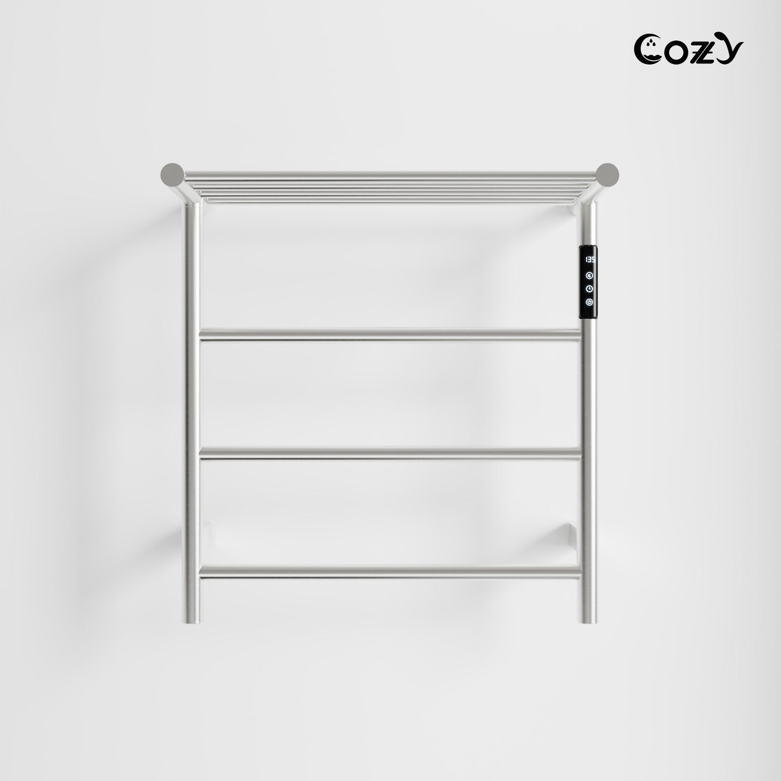 Cozy EB02 electric heated towel rack with shelf in brushed nickel finish.