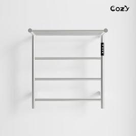 Cozy EB02 electric heated towel rack with shelf in brushed nickel finish.
