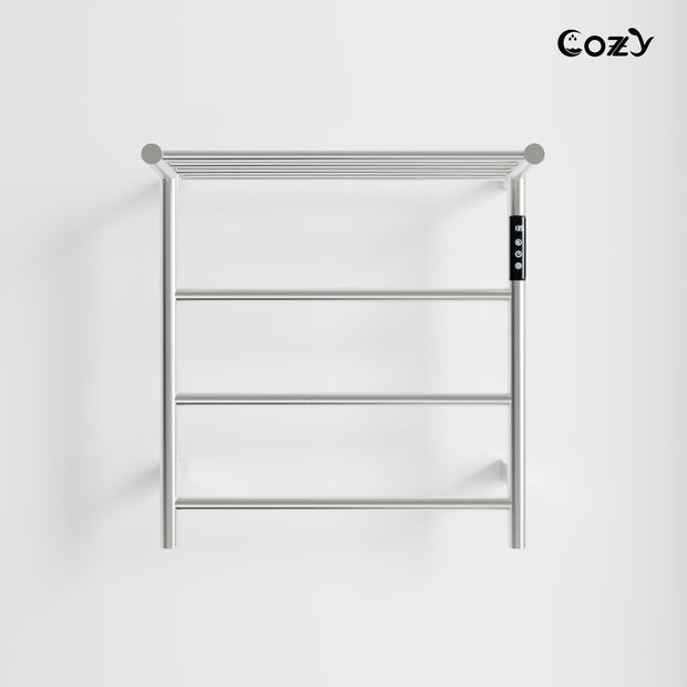 Cozy EB02 electric heated towel rack with shelf in brushed nickel finish.