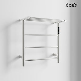 Cozy EB02 electric heated towel rack with shelf in brushed nickel finish side view.