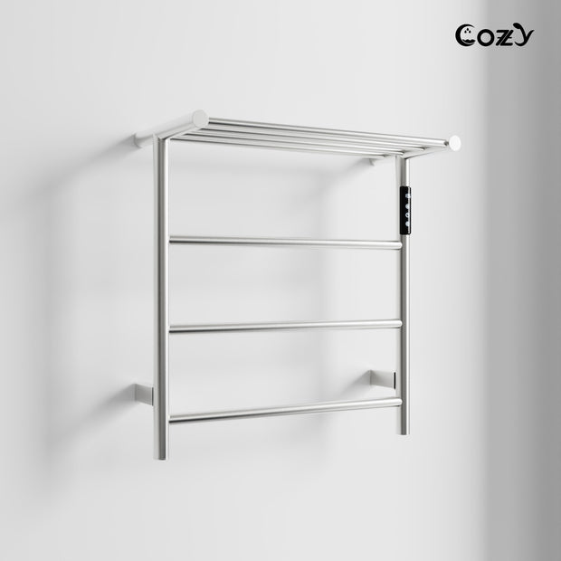Cozy EB02 electric heated towel rack with shelf in brushed nickel finish side view.