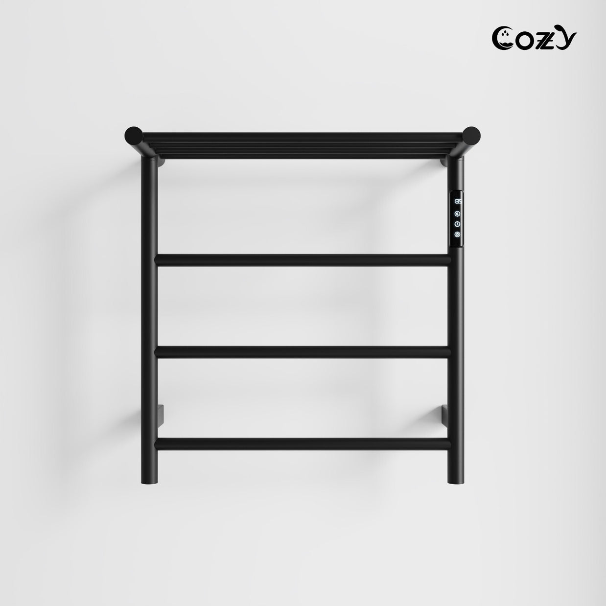 Cozy EB02 electric heated towel rack with shelf in matte black finish.