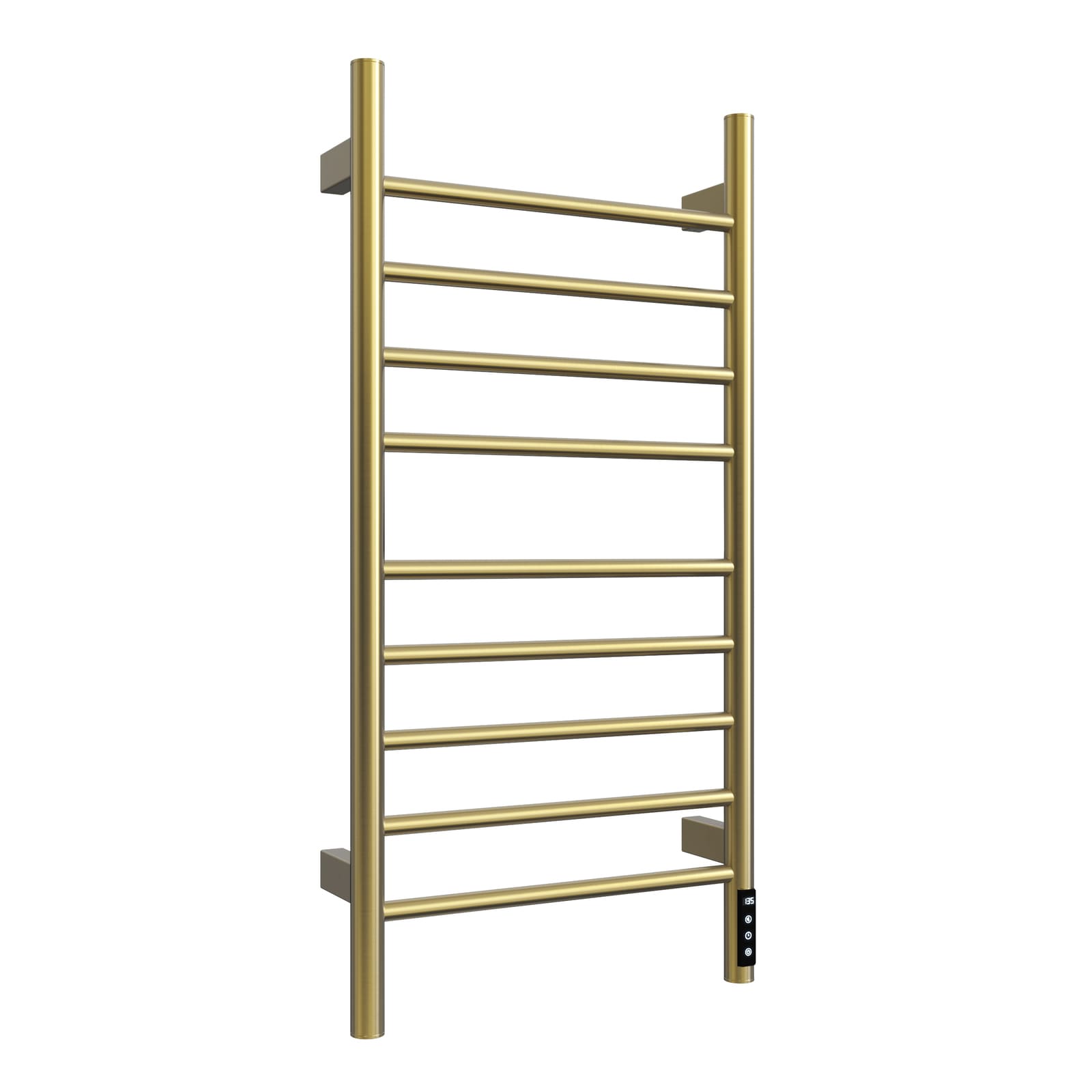 Cozy EB03 electric heated towel rack in brushed gold perspective view.