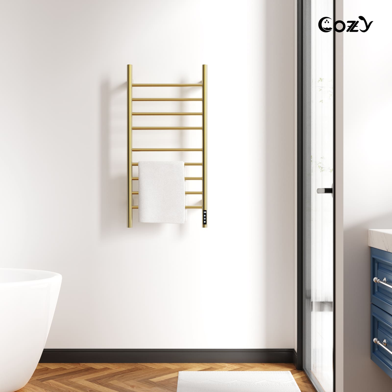 Cozy EB03 electric heated towel rack in brushed gold installed in a modern bathroom.