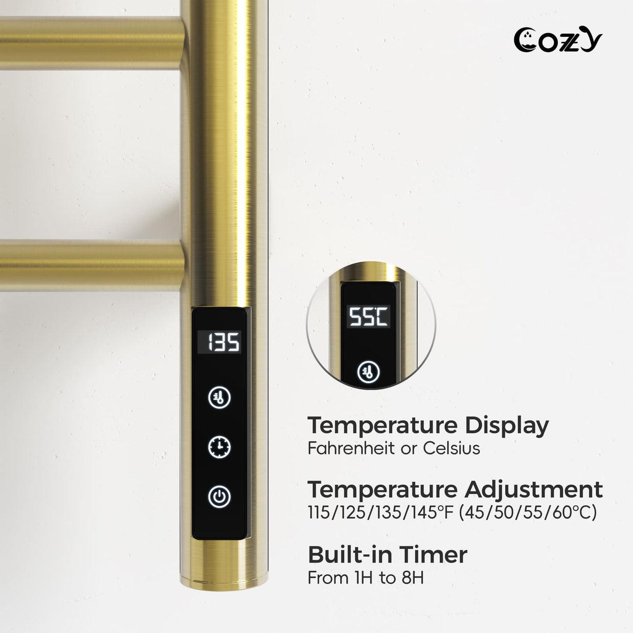 Cozy EB03 electric heated towel rack with smart LCD touchscreen controller in brushed gold.