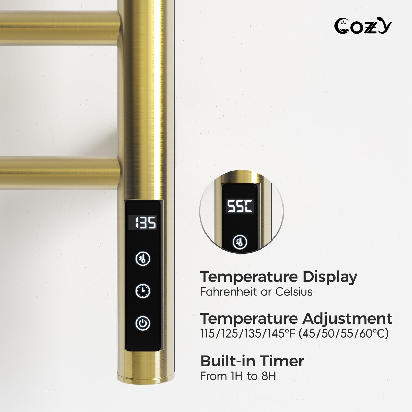 Cozy EB03 electric heated towel rack with smart LCD touchscreen controller in brushed gold.