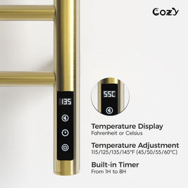 Cozy EB03 electric heated towel rack with smart LCD touchscreen controller in brushed gold.