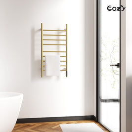Cozy EB03 electric heated towel rack in brushed gold style for modern bathroom decor.