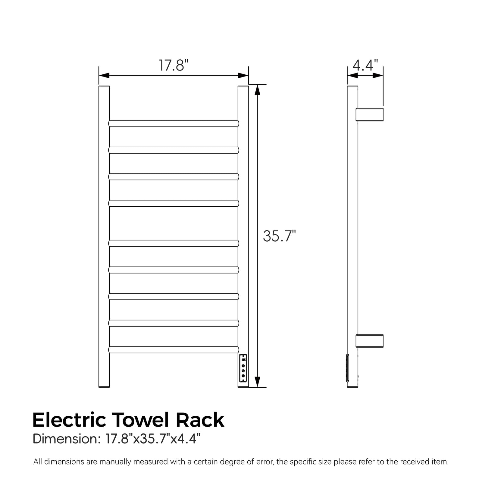 Cozy EB03 electric heated towel rack in brushed gold dimensions chart.