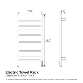 Cozy EB03 electric heated towel rack in brushed gold dimensions chart.