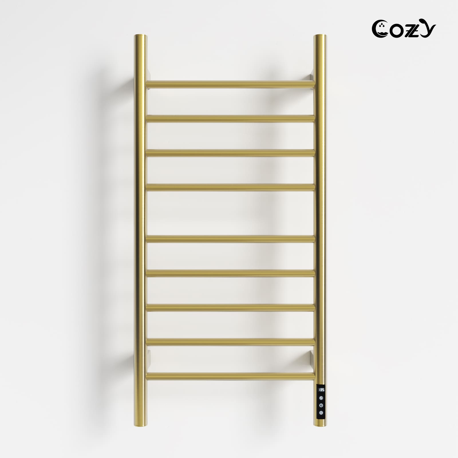 Cozy EB03 electric heated towel rack with LCD touchscreen in brushed gold finish.