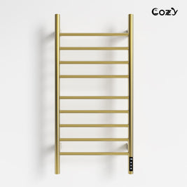 Cozy EB03 electric heated towel rack with LCD touchscreen in brushed gold finish.