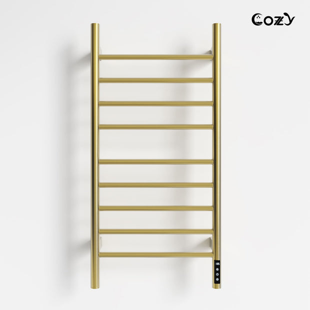 Cozy EB03 electric heated towel rack with LCD touchscreen in brushed gold finish.