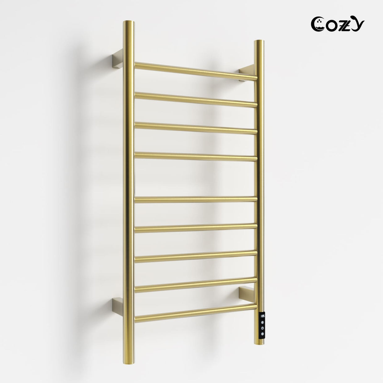Cozy EB03 electric heated towel rack in brushed gold finish side view.
