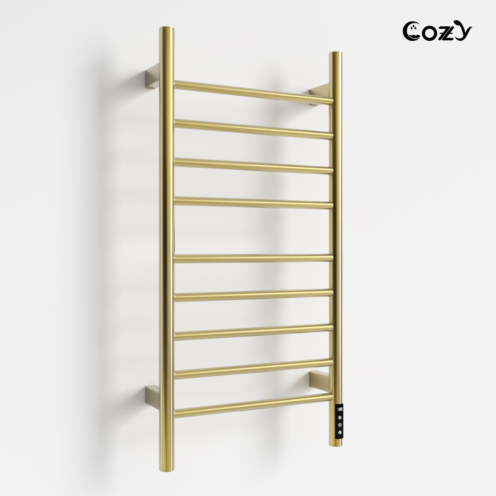 Cozy EB03 electric heated towel rack in brushed gold finish side view.