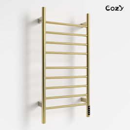 Cozy EB03 electric heated towel rack in brushed gold finish side view.