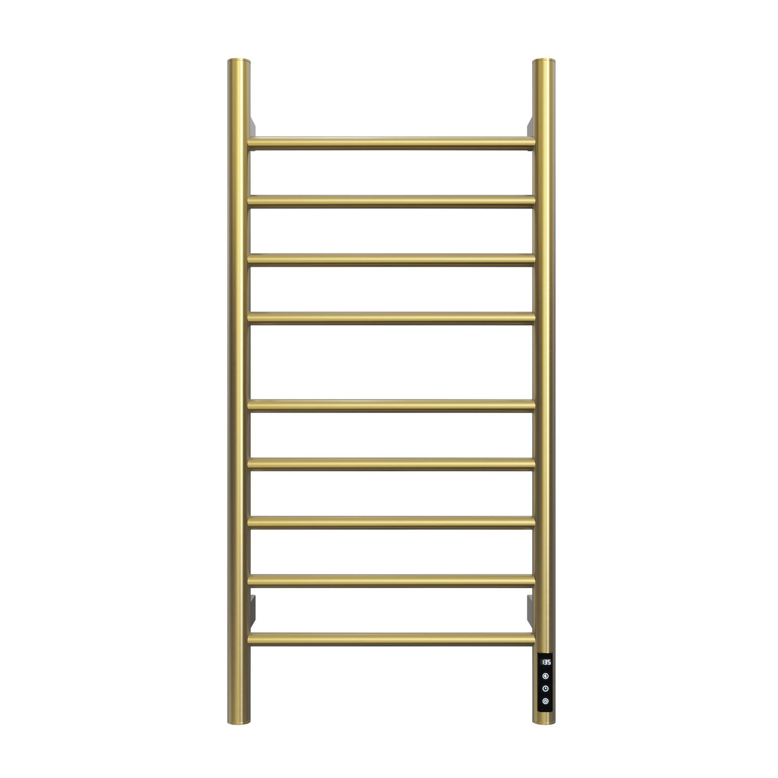 Cozy EB03 9-bar electric heated towel rack in brushed gold finish.