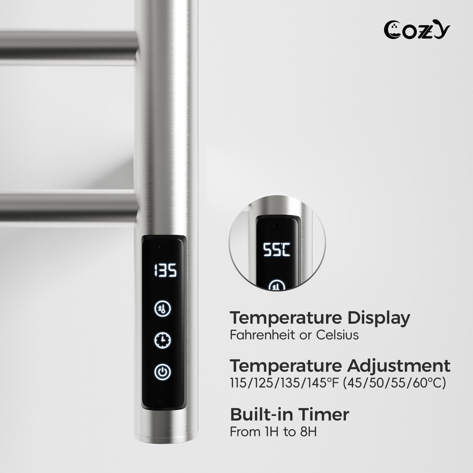 Cozy EB03 electric heated towel rack with smart LCD touchscreen controller detail.